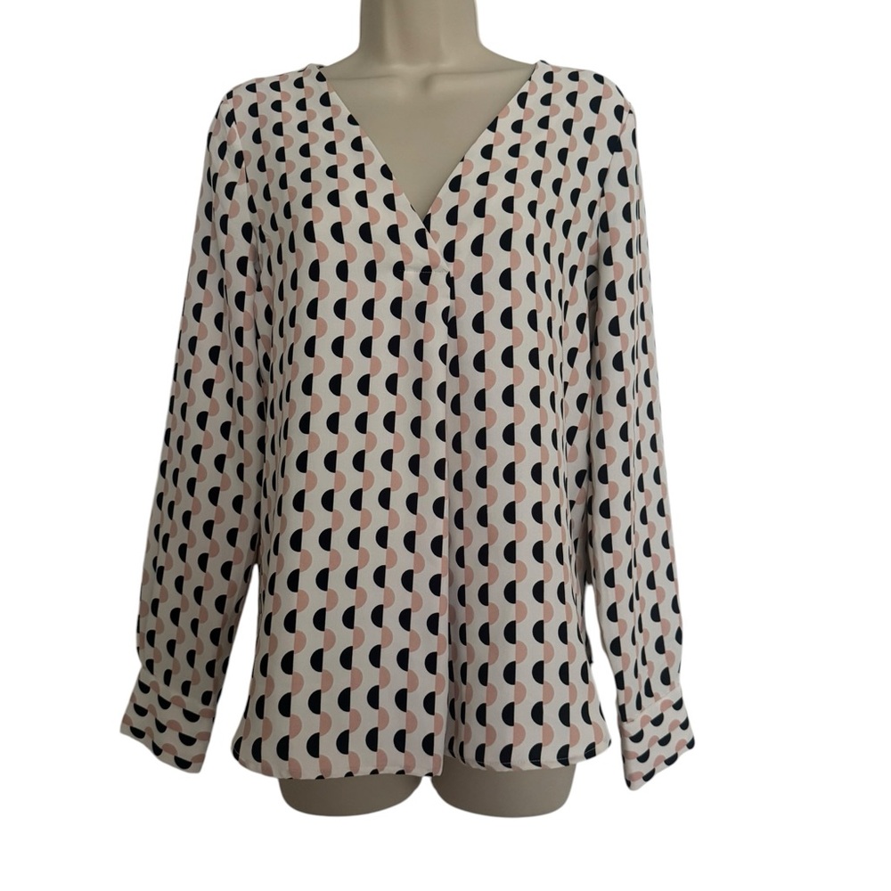 Ann Taylor Pink and Black Geometric V-Neck Blouse